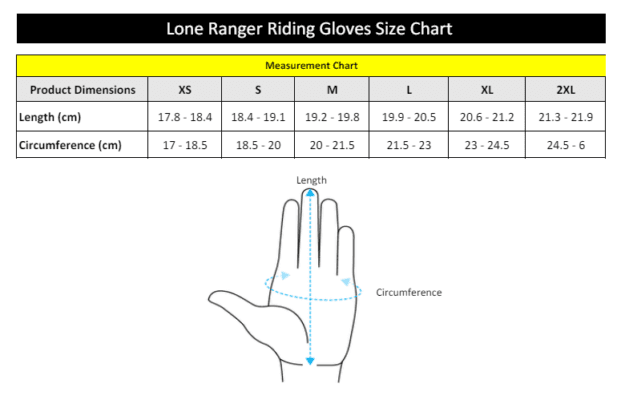 Lone Ranger Riding Gloves Size Chart