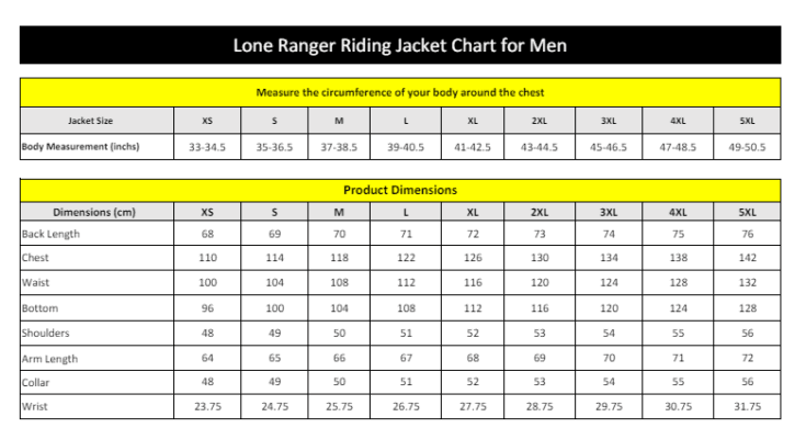 Lone Ranger Riding Jacket Chart for Men