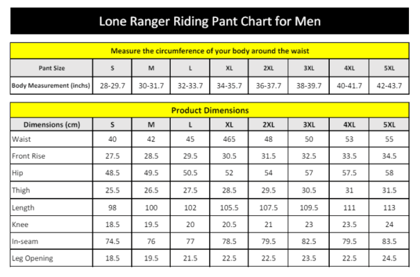 Lone Ranger Riding Pant Chart for Men